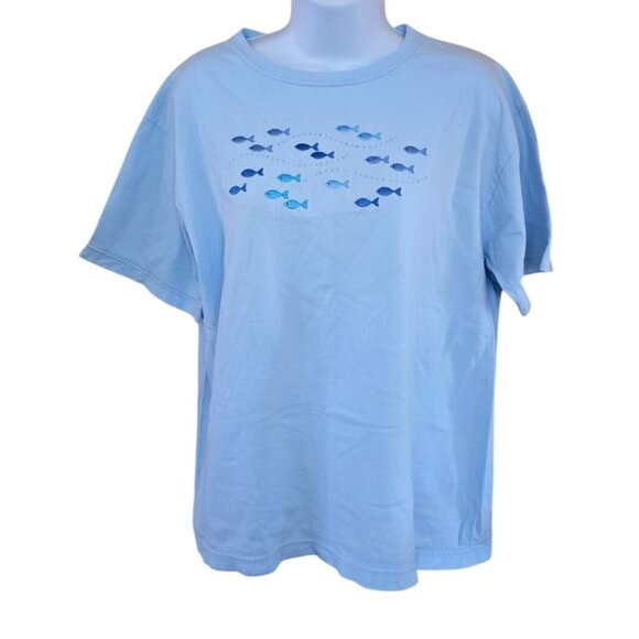 Top Stitch By Morning Sun Light Blue Fish Embroidered T-Shirt Large 100% Cotton - Picture 1 of 6